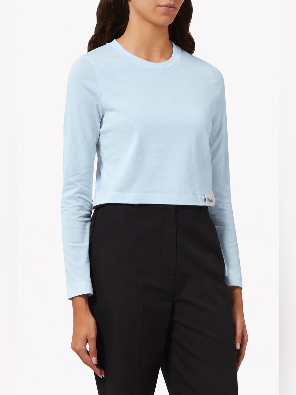 3.1 Phillip Lim Logo Cropped Long Sleeve T-Shirt Ice Blue Cotton Women Size M